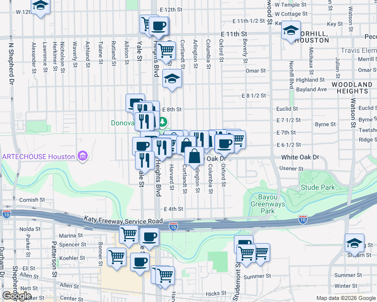 map of restaurants, bars, coffee shops, grocery stores, and more near 625 Cortlandt Street in Houston