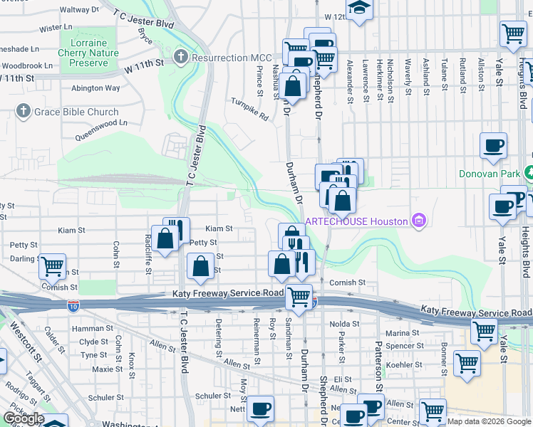 map of restaurants, bars, coffee shops, grocery stores, and more near 2431 Roy Cir in Houston