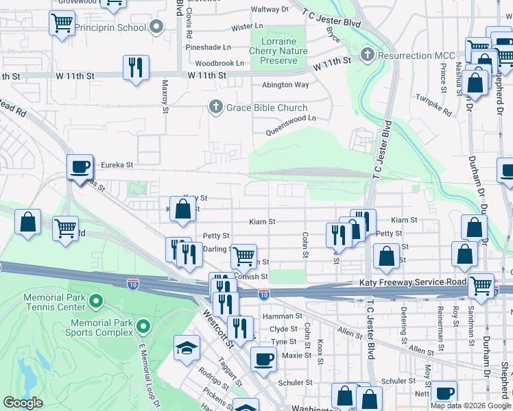 map of restaurants, bars, coffee shops, grocery stores, and more near 5718 Kansas Street in Houston