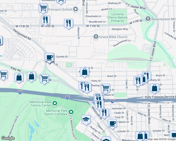 map of restaurants, bars, coffee shops, grocery stores, and more near 5849 Katy Street in Houston