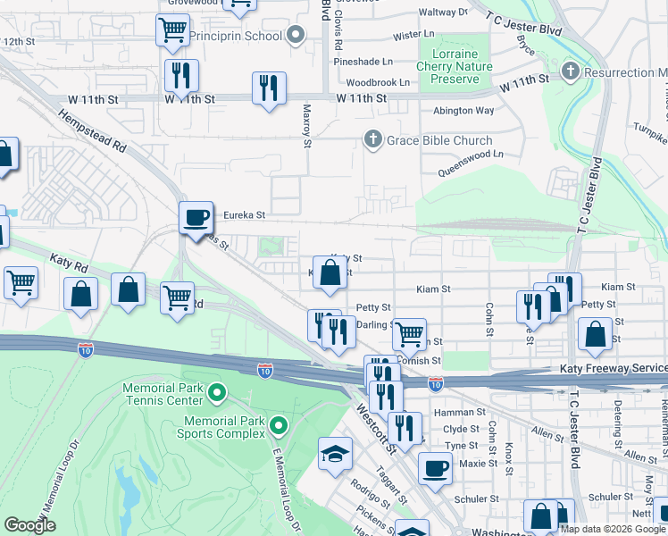 map of restaurants, bars, coffee shops, grocery stores, and more near 5923 Katy Street in Houston