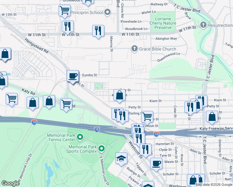 map of restaurants, bars, coffee shops, grocery stores, and more near 5923 Katy Street in Houston