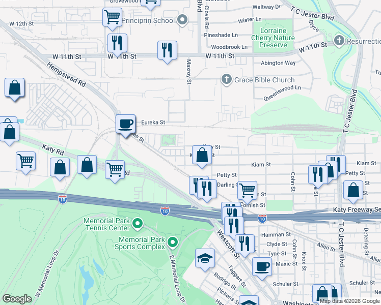 map of restaurants, bars, coffee shops, grocery stores, and more near 5923 Katy Street in Houston