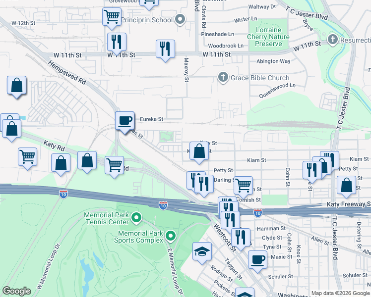 map of restaurants, bars, coffee shops, grocery stores, and more near 2601-2699 Maxroy Street in Houston