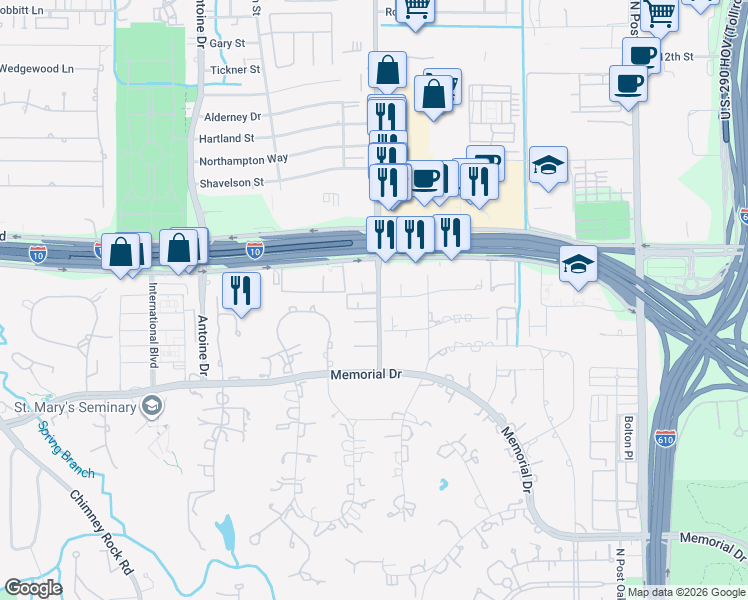 map of restaurants, bars, coffee shops, grocery stores, and more near 9240 Kenilworth Drive in Houston