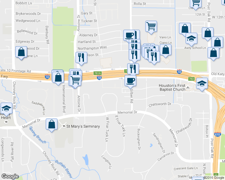 map of restaurants, bars, coffee shops, grocery stores, and more near 7777 Katy Freeway in Houston