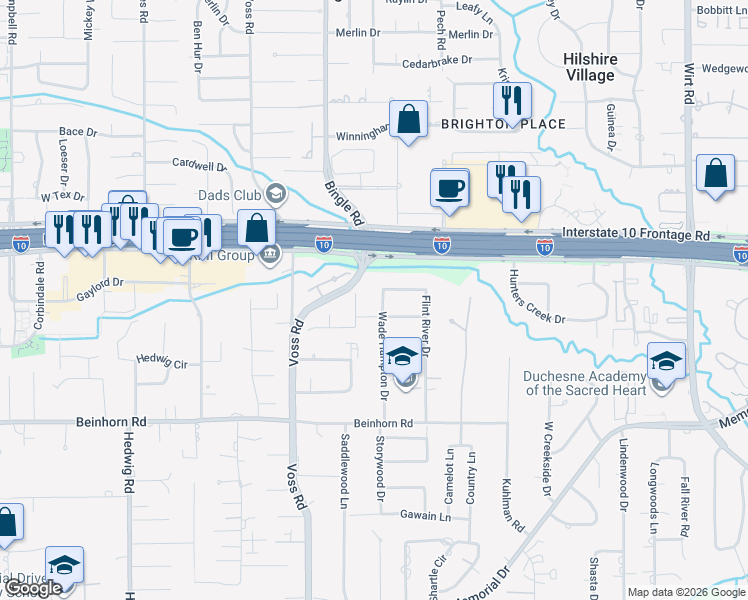map of restaurants, bars, coffee shops, grocery stores, and more near 914 Oak Valley Drive in Houston
