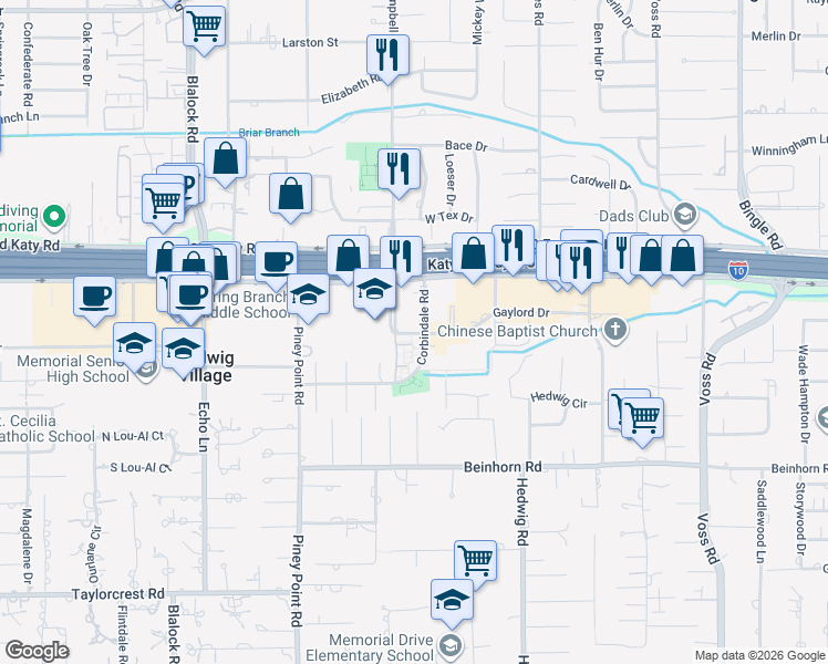 map of restaurants, bars, coffee shops, grocery stores, and more near 950 Corbindale Road in Houston