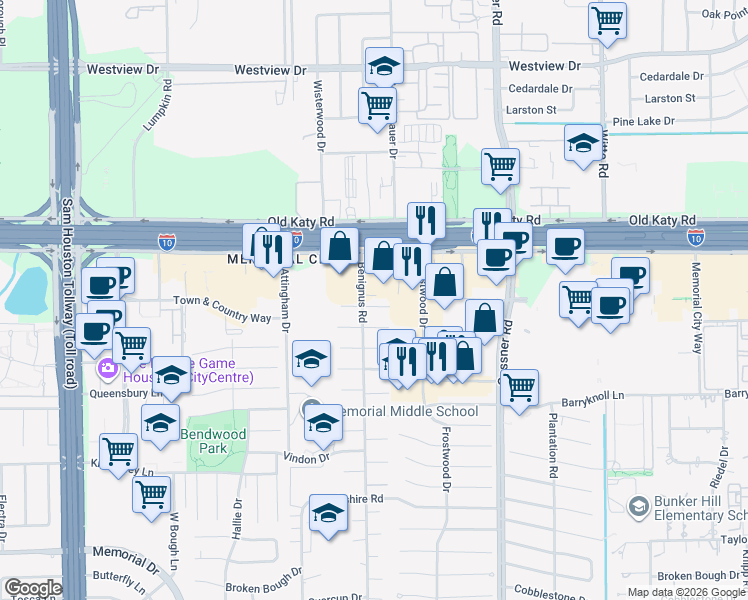 map of restaurants, bars, coffee shops, grocery stores, and more near 10225 Katy Freeway in Houston