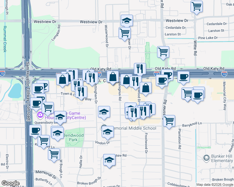 map of restaurants, bars, coffee shops, grocery stores, and more near 10321 Katy Freeway in Houston