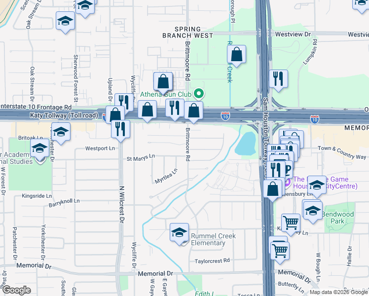 map of restaurants, bars, coffee shops, grocery stores, and more near 10851 Lasso Lane in Houston