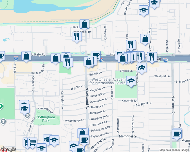 map of restaurants, bars, coffee shops, grocery stores, and more near 13918 Britoak Lane in Houston