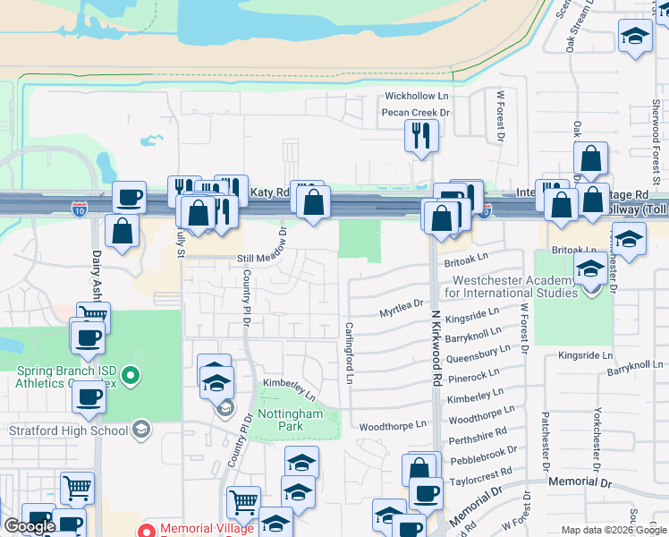 map of restaurants, bars, coffee shops, grocery stores, and more near 14111 Lost Meadow Lane in Houston