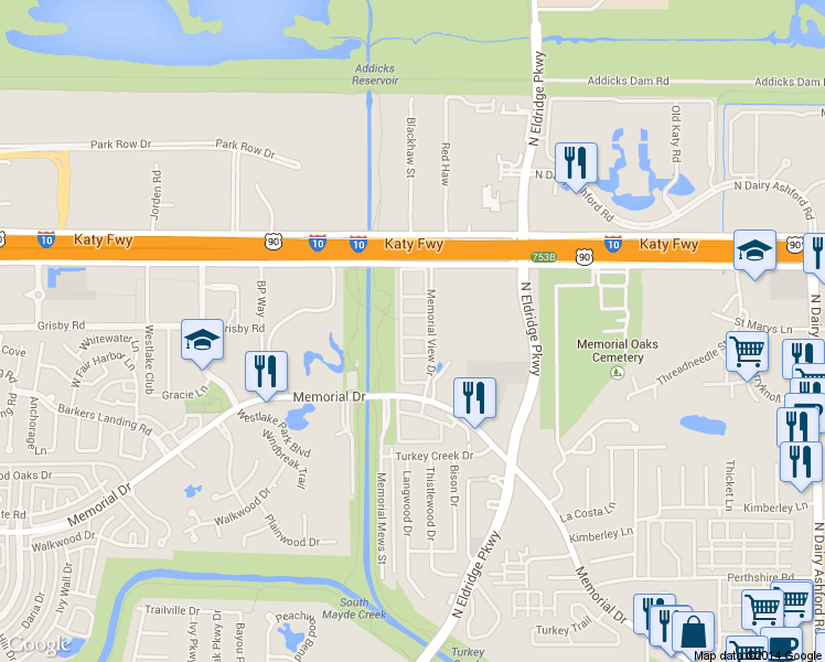map of restaurants, bars, coffee shops, grocery stores, and more near 15200 Memorial Drive in Houston