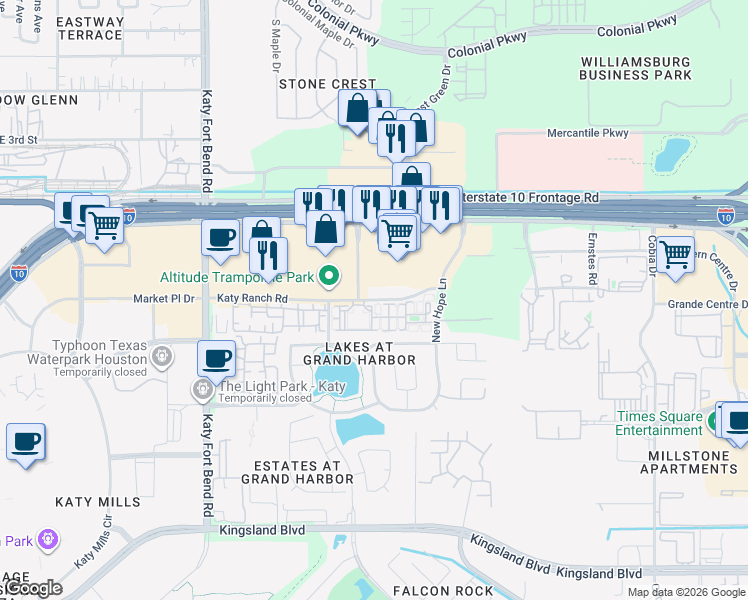 map of restaurants, bars, coffee shops, grocery stores, and more near 24900 Katy Freeway in Katy