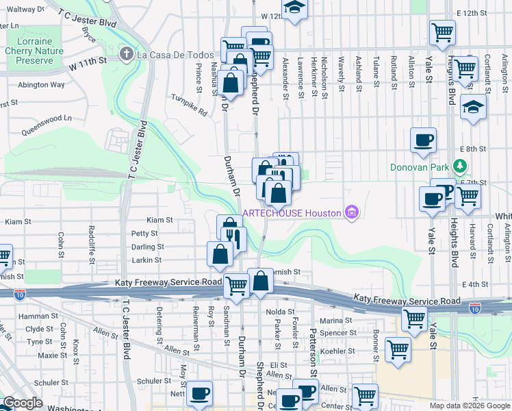map of restaurants, bars, coffee shops, grocery stores, and more near 2798 South Durham Drive in Houston