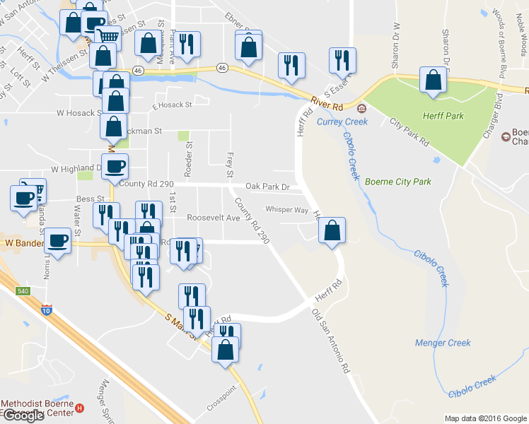 map of restaurants, bars, coffee shops, grocery stores, and more near 149 Whisper Way in Boerne