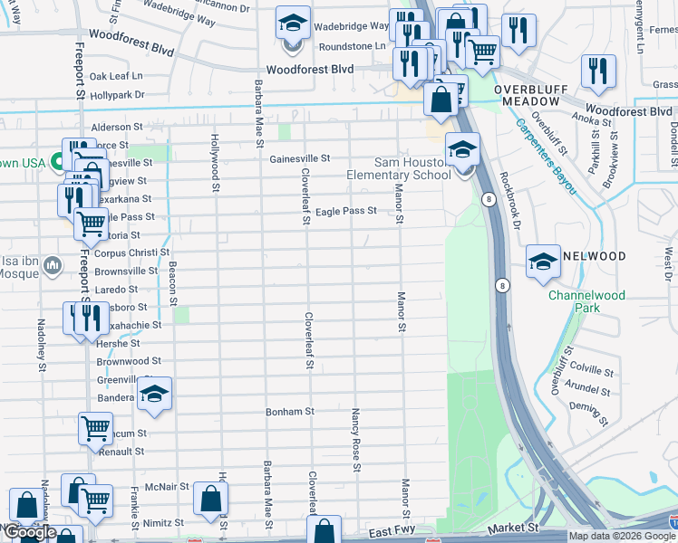 map of restaurants, bars, coffee shops, grocery stores, and more near 14437 Brownsville Street in Houston
