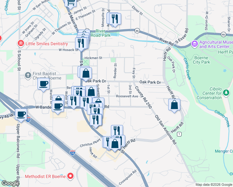 map of restaurants, bars, coffee shops, grocery stores, and more near 122 2nd Street in Boerne