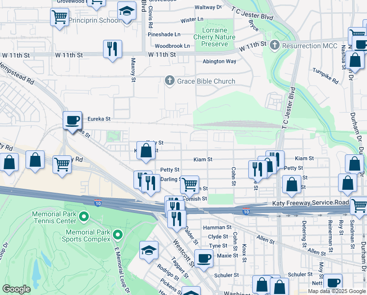 map of restaurants, bars, coffee shops, grocery stores, and more near 2705 Sherwin Street in Houston