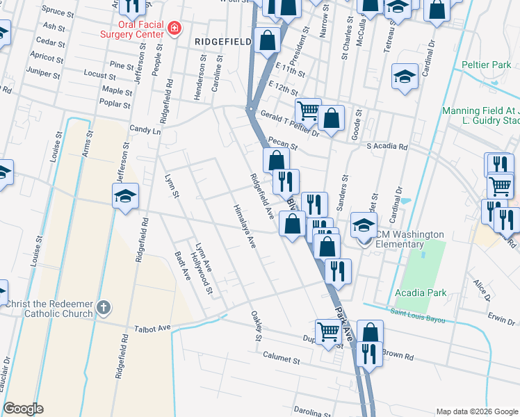 map of restaurants, bars, coffee shops, grocery stores, and more near 1514 Ridgefield Avenue in Thibodaux