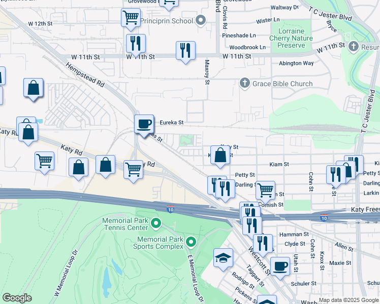 map of restaurants, bars, coffee shops, grocery stores, and more near 6043 Matthew Oaks Place in Houston