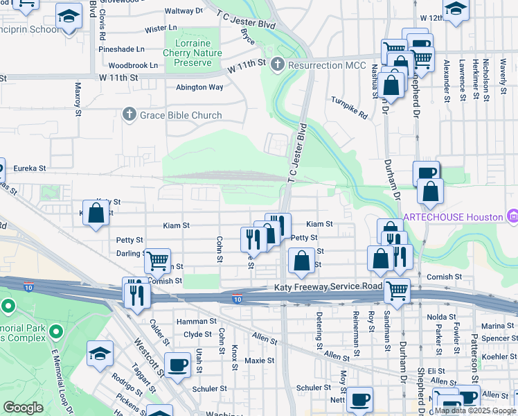 map of restaurants, bars, coffee shops, grocery stores, and more near 5432 Kansas Street in Houston