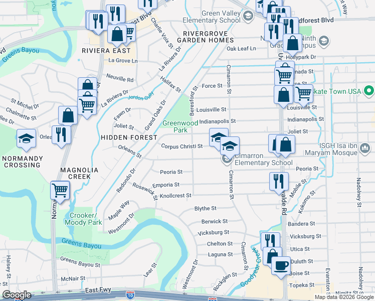 map of restaurants, bars, coffee shops, grocery stores, and more near 13101 Corpus Christi Street in Houston