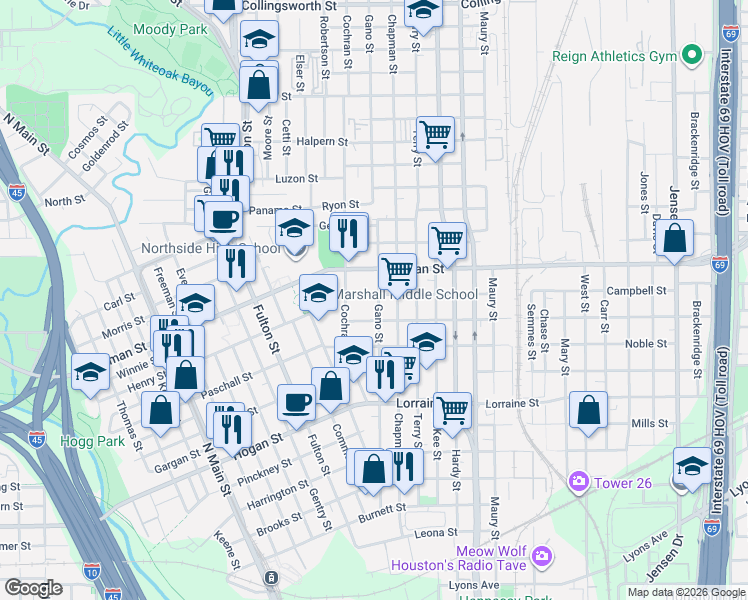 map of restaurants, bars, coffee shops, grocery stores, and more near 2305 Gano Street in Houston
