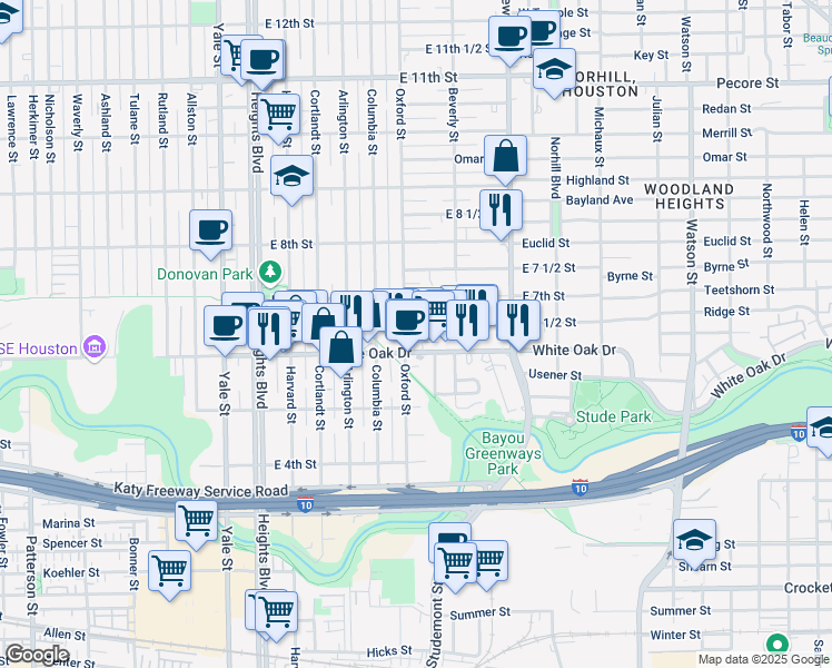 map of restaurants, bars, coffee shops, grocery stores, and more near 617 East 6 1/2 Street in Houston