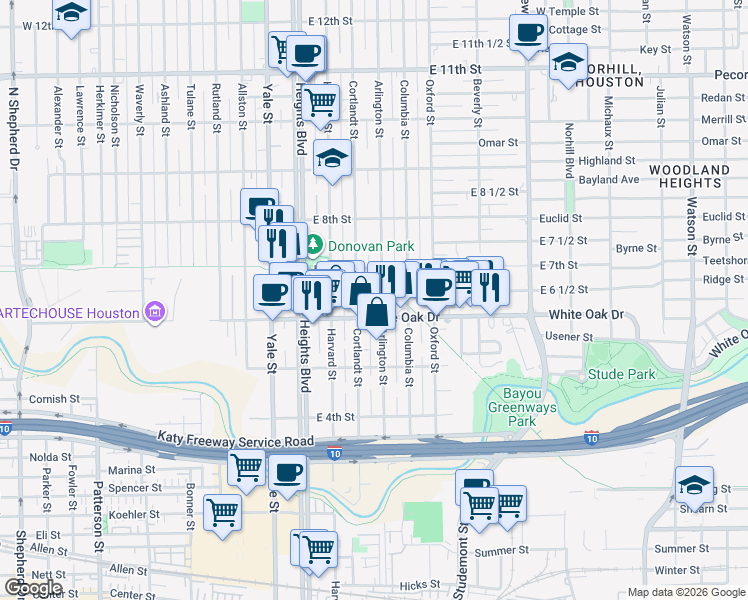 map of restaurants, bars, coffee shops, grocery stores, and more near 624 Arlington Street in Houston