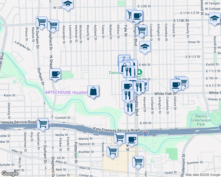 map of restaurants, bars, coffee shops, grocery stores, and more near 627 Rutland Street in Houston