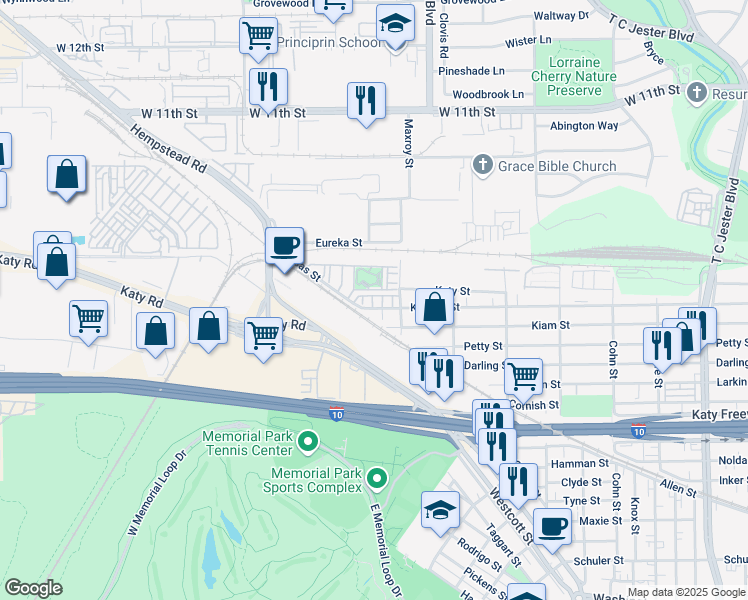 map of restaurants, bars, coffee shops, grocery stores, and more near 6043 Matthew Oaks Place in Houston