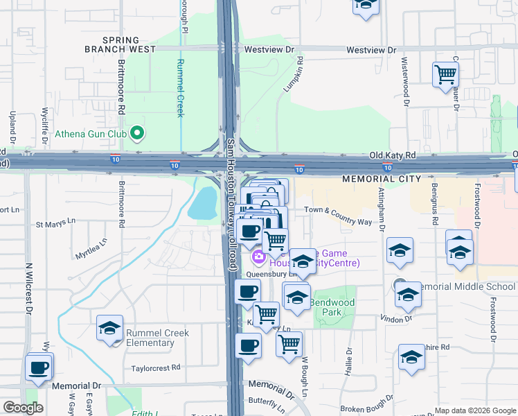 map of restaurants, bars, coffee shops, grocery stores, and more near 171 Katy Freeway in Houston