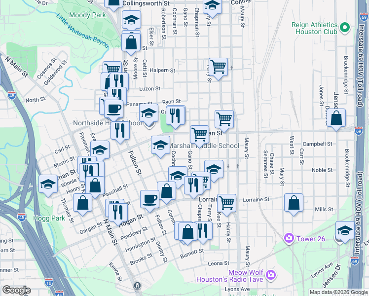 map of restaurants, bars, coffee shops, grocery stores, and more near 2305 Gano Street in Houston