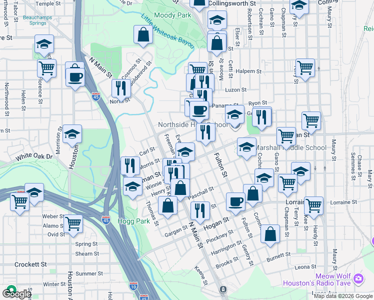 map of restaurants, bars, coffee shops, grocery stores, and more near 2324 Everett Street in Houston