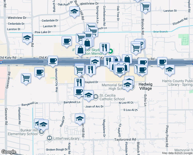 map of restaurants, bars, coffee shops, grocery stores, and more near 9575 Katy Freeway in Houston