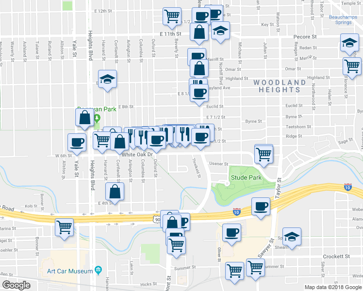 map of restaurants, bars, coffee shops, grocery stores, and more near 702 East 6 1/2 Street in Houston