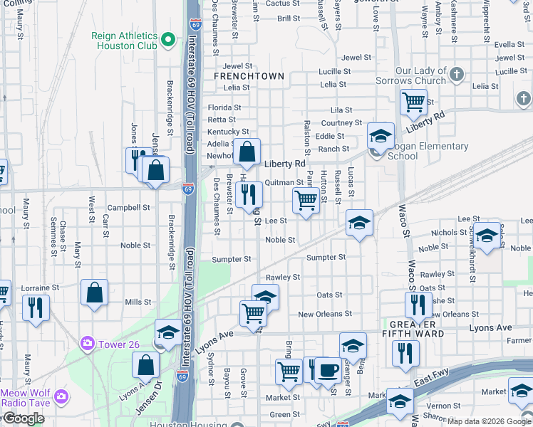 map of restaurants, bars, coffee shops, grocery stores, and more near 2216 Gregg Street in Houston