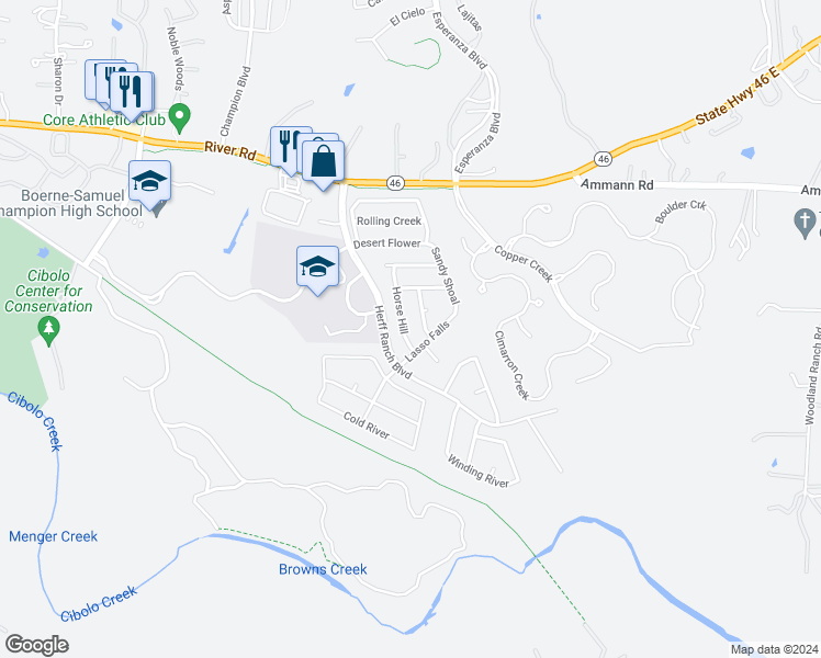 map of restaurants, bars, coffee shops, grocery stores, and more near 241 Horse Hill in Boerne