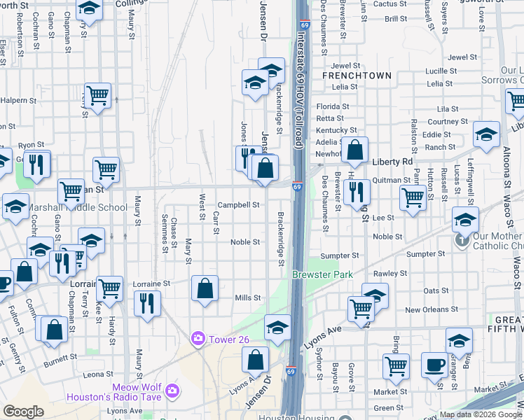 map of restaurants, bars, coffee shops, grocery stores, and more near 2222 Jensen Drive in Houston
