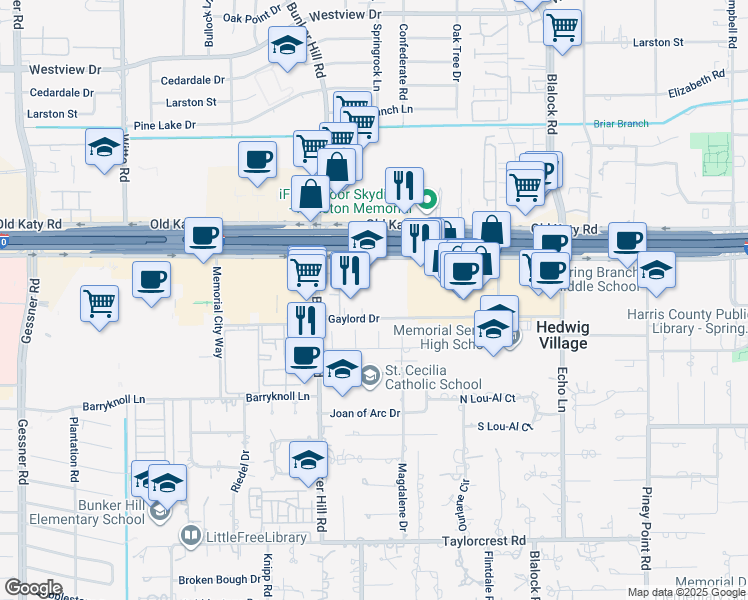 map of restaurants, bars, coffee shops, grocery stores, and more near 9575 Katy Freeway in Houston