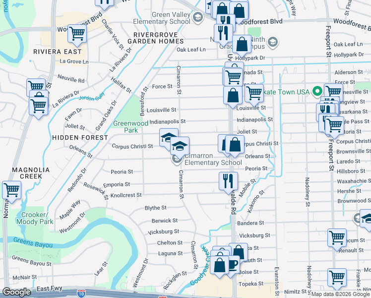 map of restaurants, bars, coffee shops, grocery stores, and more near 13225 Corpus Christi Street in Houston