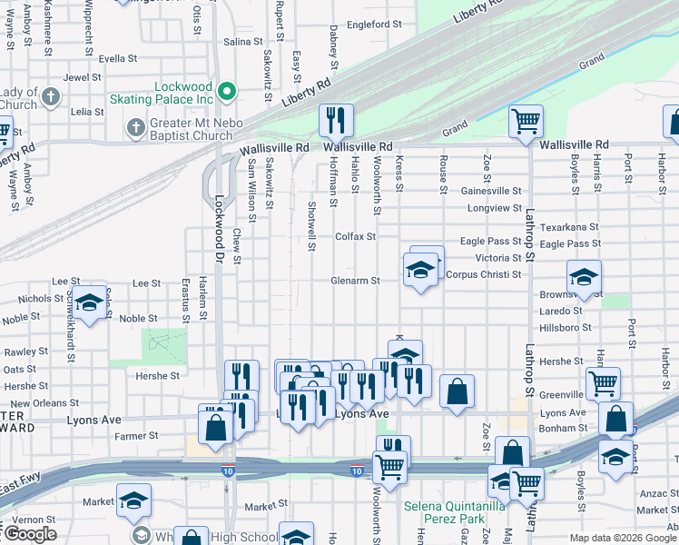 map of restaurants, bars, coffee shops, grocery stores, and more near 338 Hahlo Street in Houston