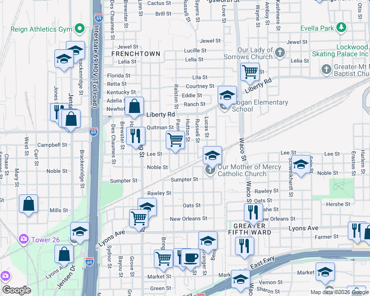 map of restaurants, bars, coffee shops, grocery stores, and more near 2218 Pannell Street in Houston