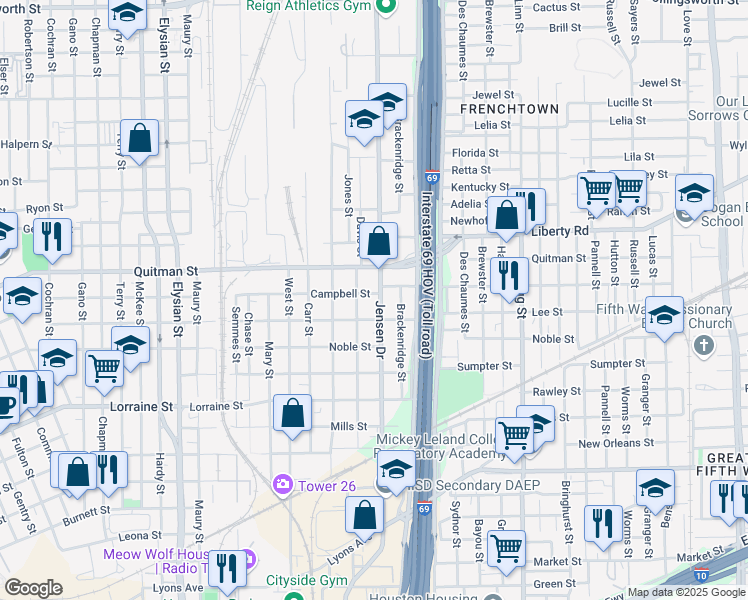 map of restaurants, bars, coffee shops, grocery stores, and more near 2222 Jensen Drive in Houston