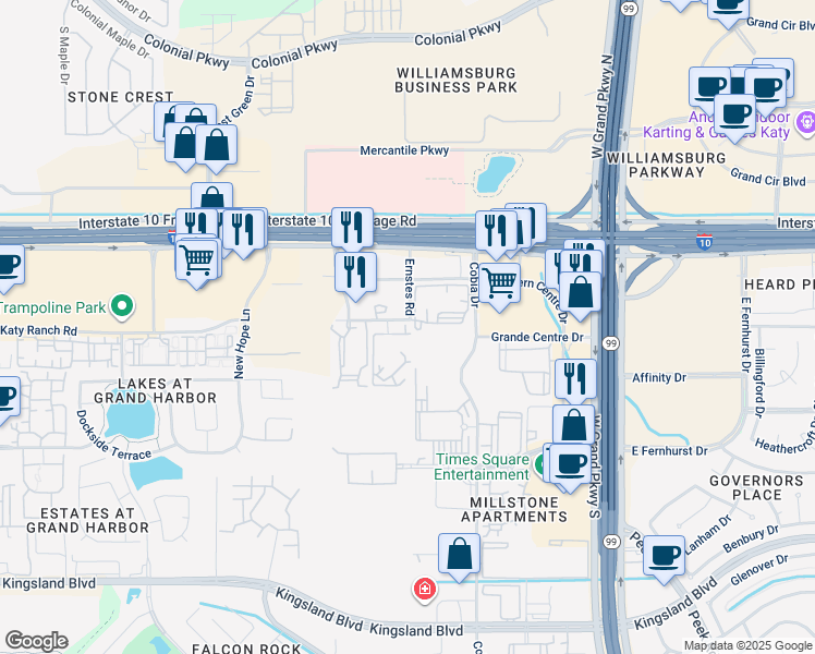 map of restaurants, bars, coffee shops, grocery stores, and more near 448-498 Ernstes Road in Katy