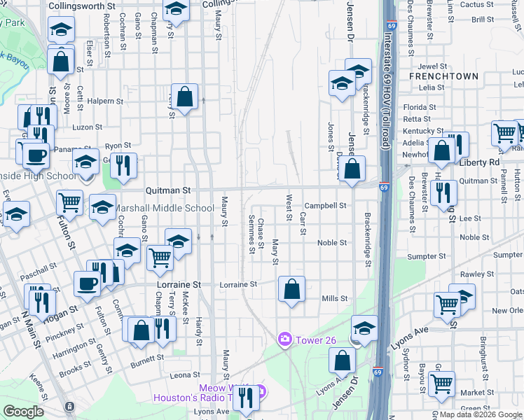 map of restaurants, bars, coffee shops, grocery stores, and more near 2200 Campbell Street in Houston
