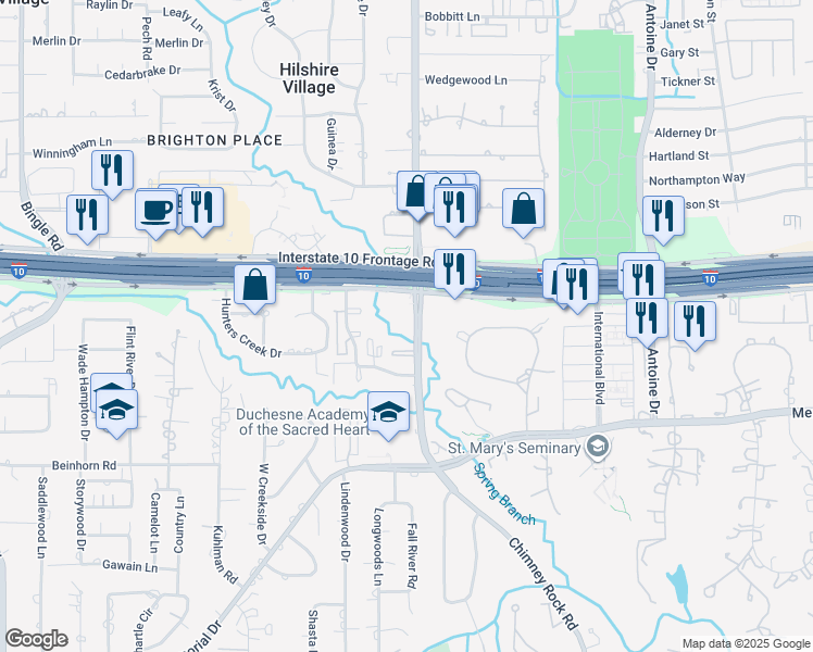 map of restaurants, bars, coffee shops, grocery stores, and more near 909 Chimney Rock Road in Houston