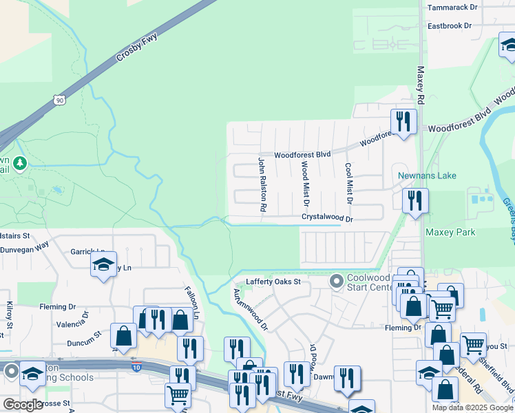 map of restaurants, bars, coffee shops, grocery stores, and more near 11650 Borderwood Drive in Houston